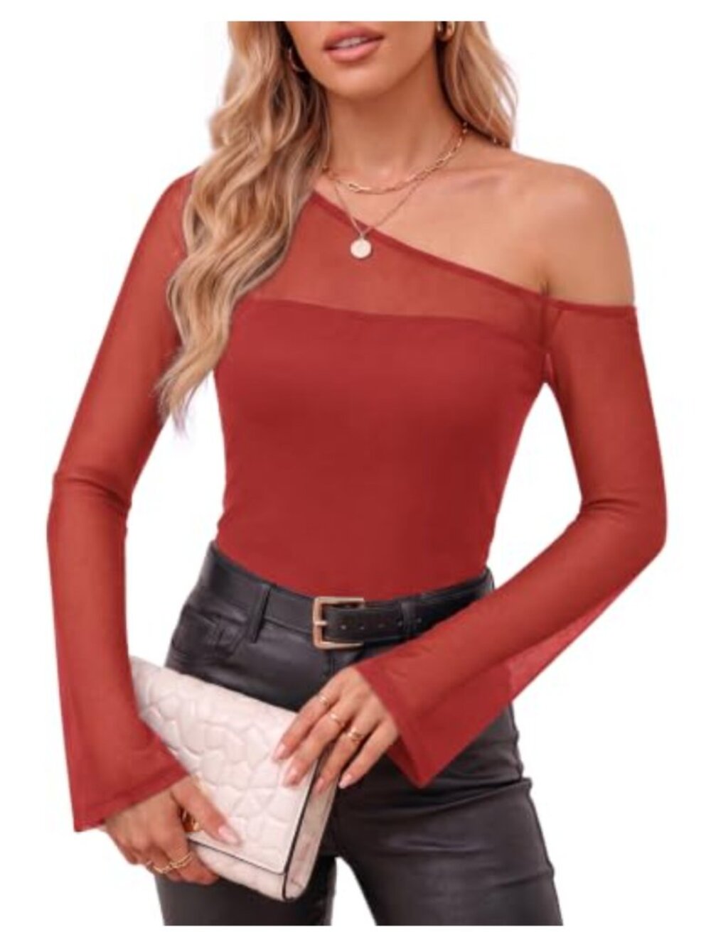 Women's Sheer Mesh Bell Sleeve Off Shoulder Asymmetric Top